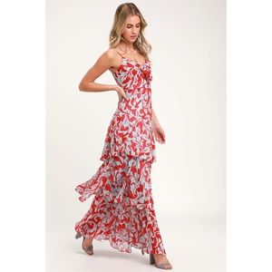 Lulus Saturday Sunrise Red and Blue Floral Print Tiered Maxi Dress